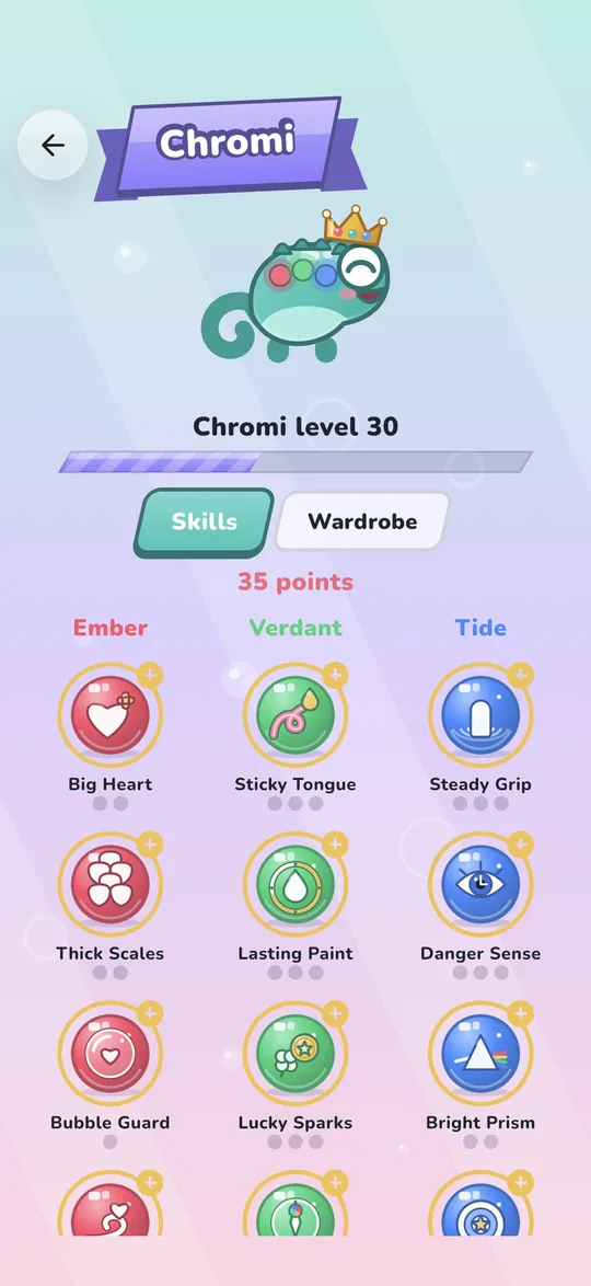 Hold On, Chromi! screenshot: Grow Chromi's skills